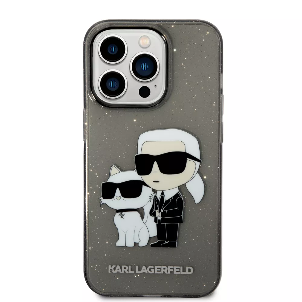 Coque iPhone 14 Pro - Karl Lagerfeld et Choupette duo gel rigide transparent pailleté - Gris