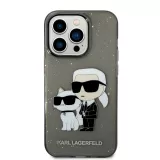 Coque iPhone 14 Pro - Karl Lagerfeld et Choupette duo gel rigide transparent pailleté - Gris