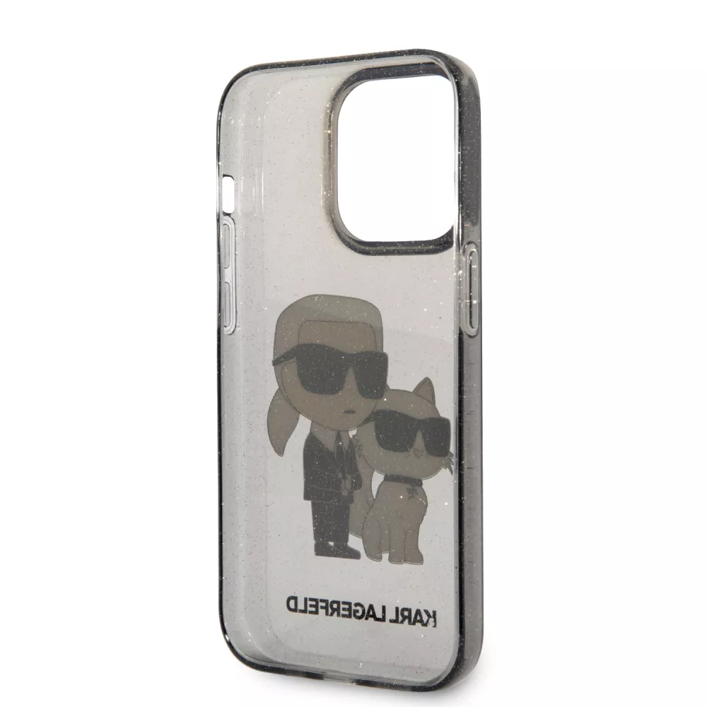 Coque iPhone 14 Pro - Karl Lagerfeld et Choupette duo gel rigide transparent pailleté - Gris