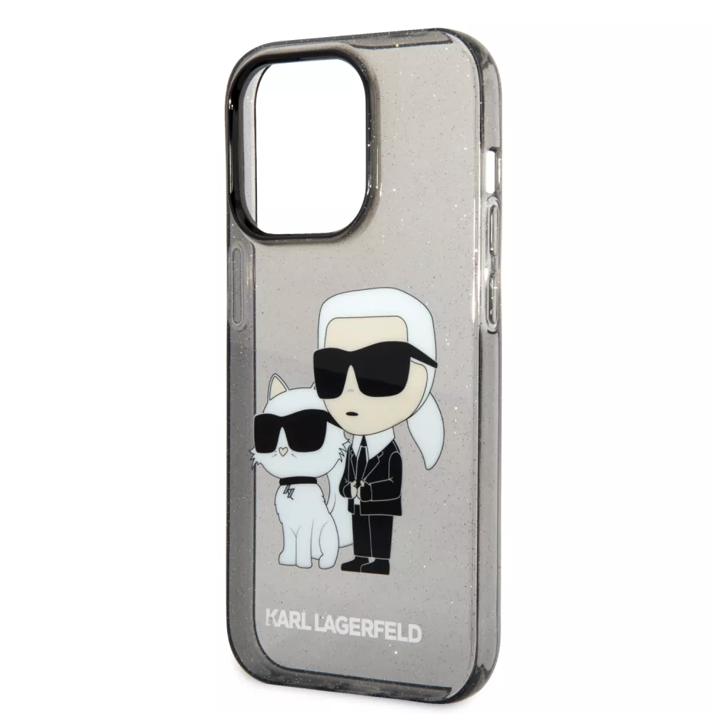 Coque iPhone 14 Pro - Karl Lagerfeld et Choupette duo gel rigide transparent pailleté - Gris
