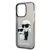 Coque iPhone 14 Pro - Karl Lagerfeld et Choupette duo gel rigide transparent pailleté - Gris