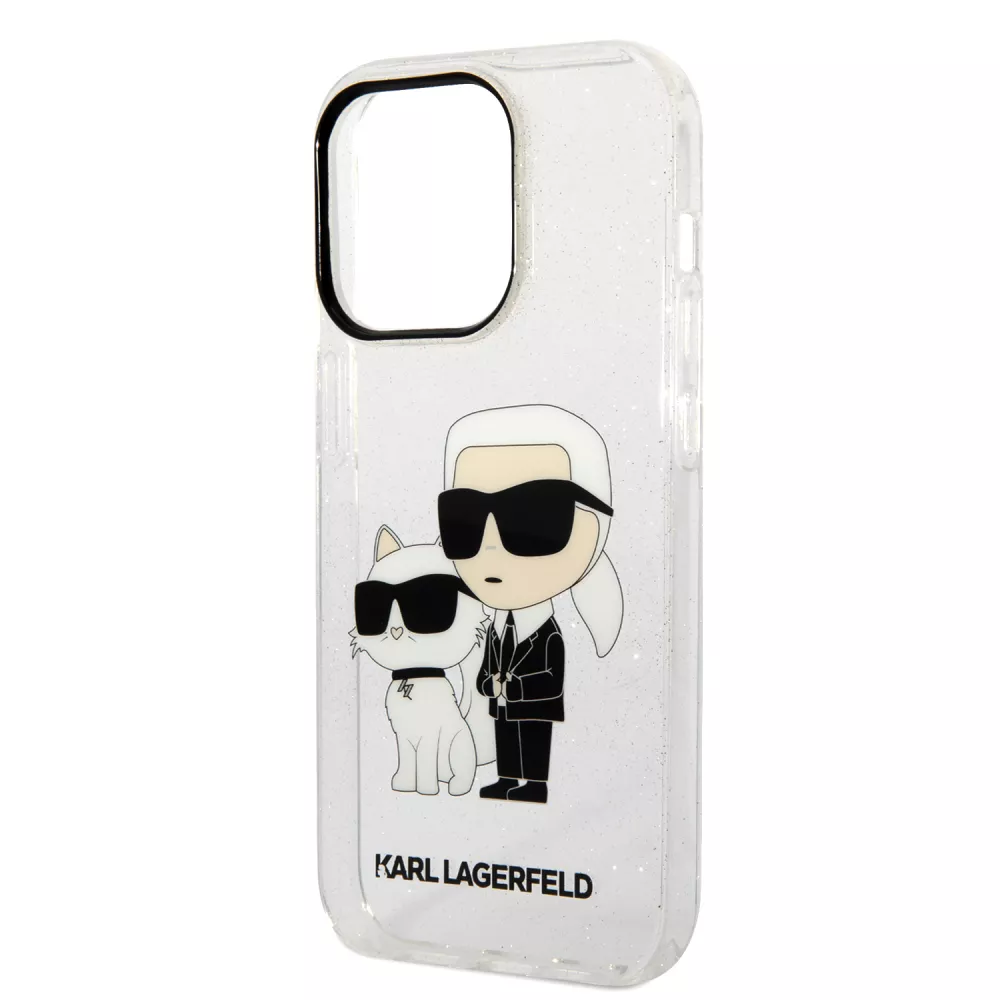 Coque iPhone 14 Pro - Karl Lagerfeld et Choupette duo gel rigide pailleté - Transparent