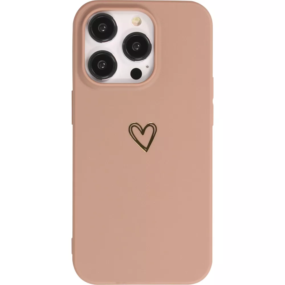 iPhone 16 Pro Case Hülle - Silikon matt Herzdesign gold - Braun
