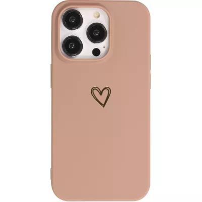 Coque iPhone 16 Pro - Silicone mat dessin cœur doré - Brun
