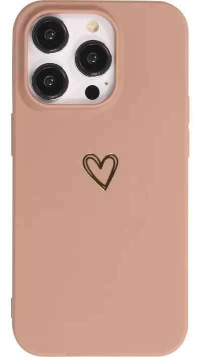 iPhone 16 Pro Max Case Hülle - Silikon matt Herzdesign gold - Braun