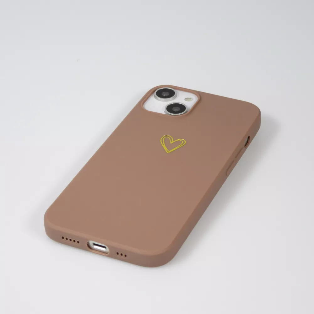 iPhone 16 Pro Case Hülle - Silikon matt Herzdesign gold - Braun