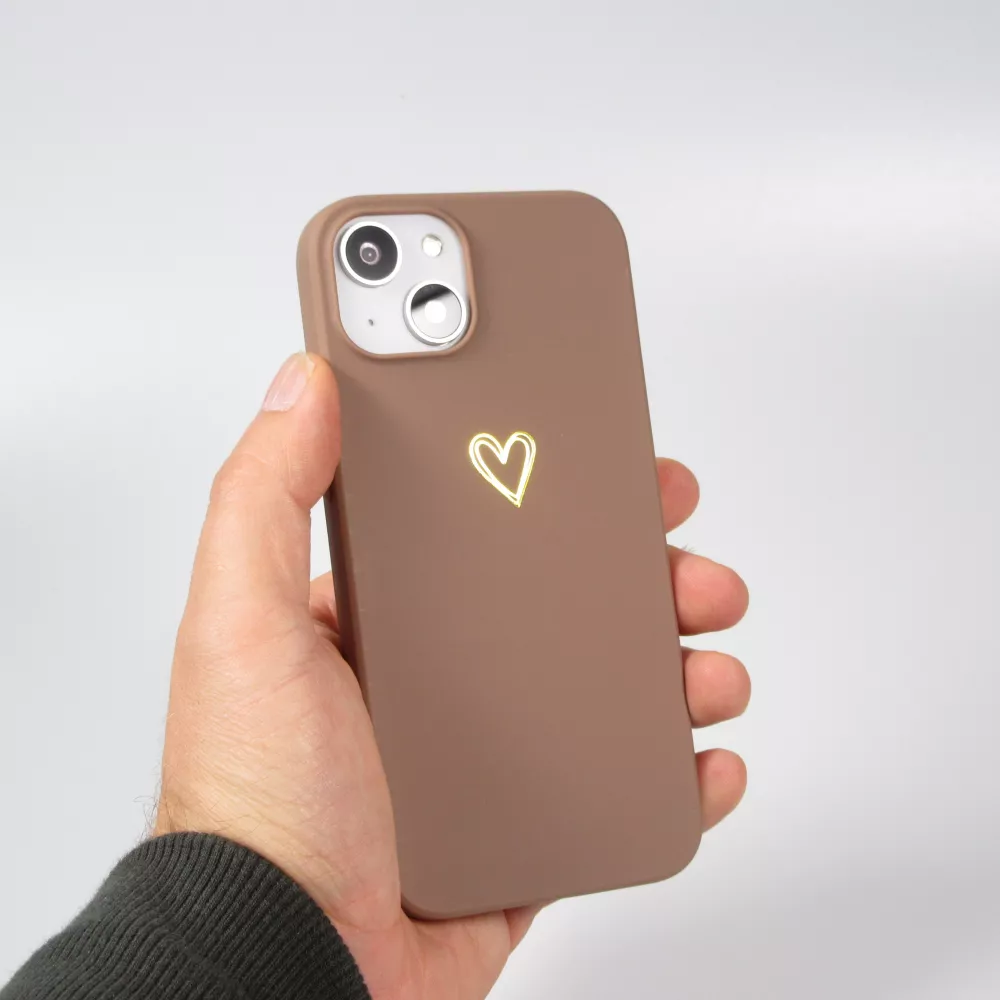 iPhone 16 Pro Case Hülle - Silikon matt Herzdesign gold - Braun