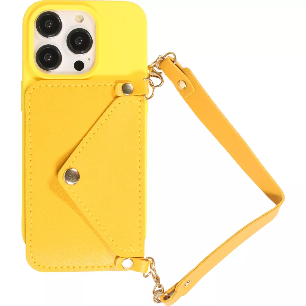 Coque iPhone 14 Pro - Silicone soft touch avec pochette à cartes ou argent en cuir et lanière intégrée - Jaune
