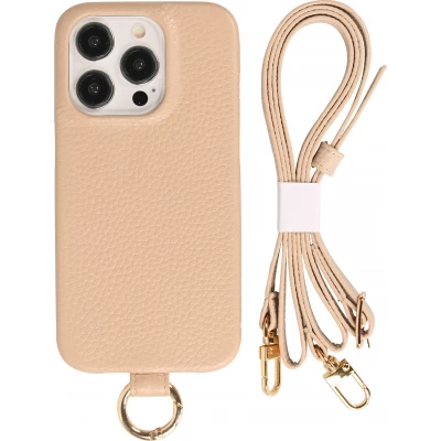 Coque iPhone 15 Pro - Premium cuir v&eacute;ritable de luxe avec lani&egrave;re en cuir r&eacute;glable et amovible + MagSafe - Beige