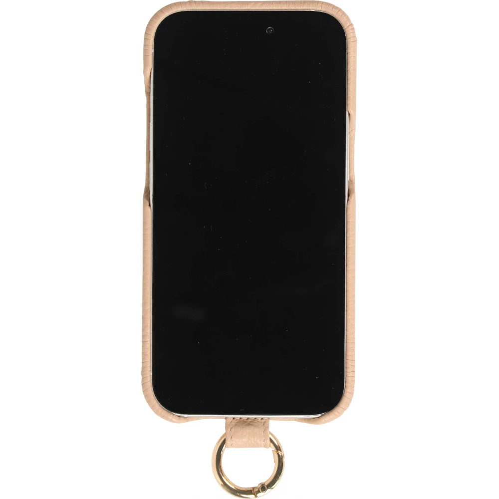 Coque iPhone 14 Pro Max - Premium cuir véritable de luxe avec lanière en cuir réglable et amovible + MagSafe - Beige