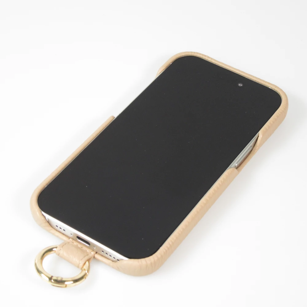 Coque iPhone 14 Pro Max - Premium cuir véritable de luxe avec lanière en cuir réglable et amovible + MagSafe - Beige