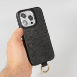 Coque iPhone 14 Pro Max - Premium cuir véritable de luxe avec lanière en cuir réglable et amovible + MagSafe - Noir