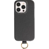 Coque iPhone 14 Pro Max - Premium cuir véritable de luxe avec lanière en cuir réglable et amovible + MagSafe - Noir