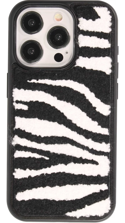 Coque iPhone 14 Pro - Silicone avec surface tufting effet peau de z&egrave;bre - Noir