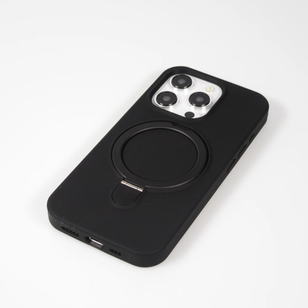 Coque iPhone 15 Pro Max - Silicone mat MagSafe avec anneau de support - Noir