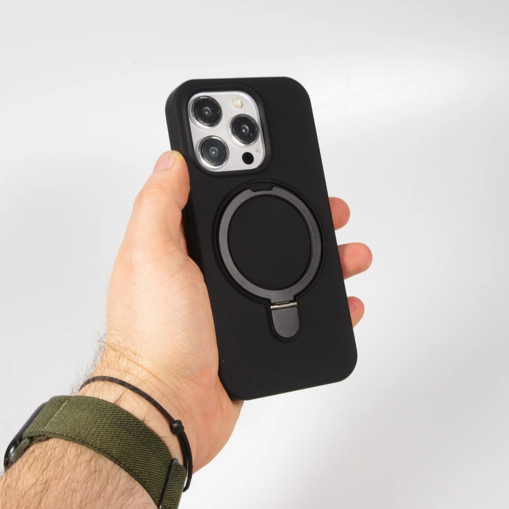 Coque iPhone 15 Pro Max - Silicone mat MagSafe avec anneau de support - Noir
