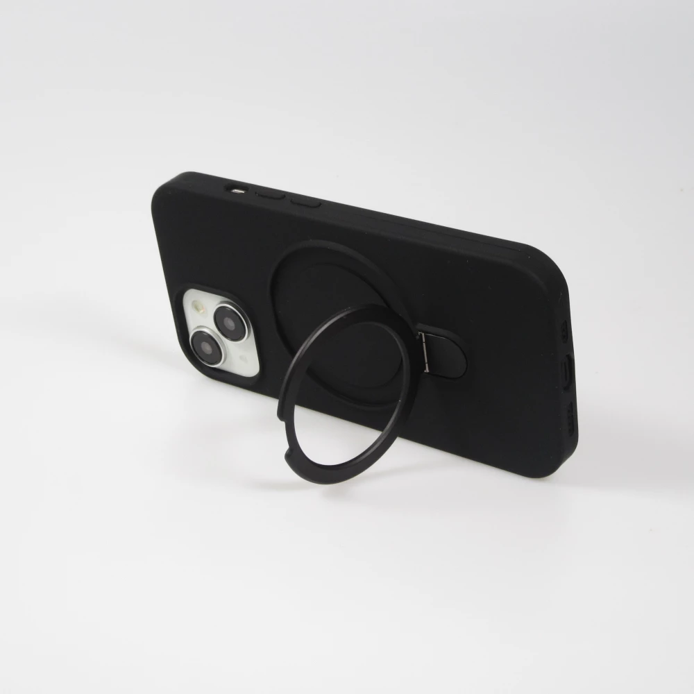 Coque iPhone 15 Pro Max - Silicone mat MagSafe avec anneau de support - Noir