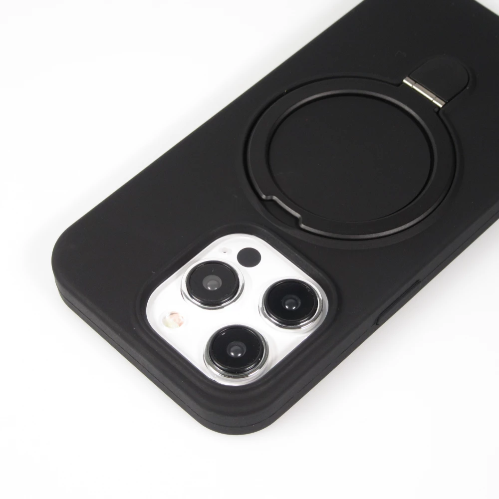 Coque iPhone 15 Pro Max - Silicone mat MagSafe avec anneau de support - Noir