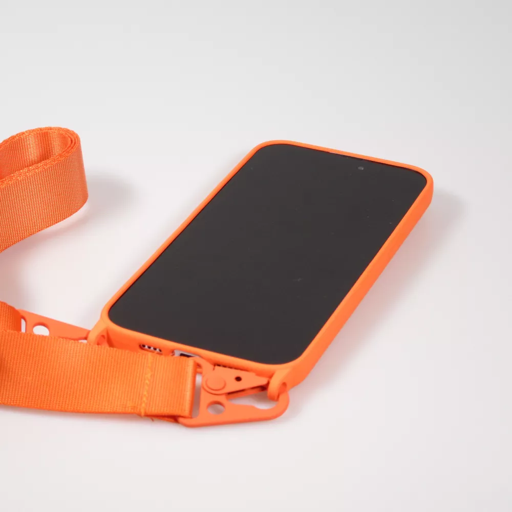 iPhone 14 Pro Case Hülle - Silikon matt mit Trageschlaufe und Metall Karabiner - Orange