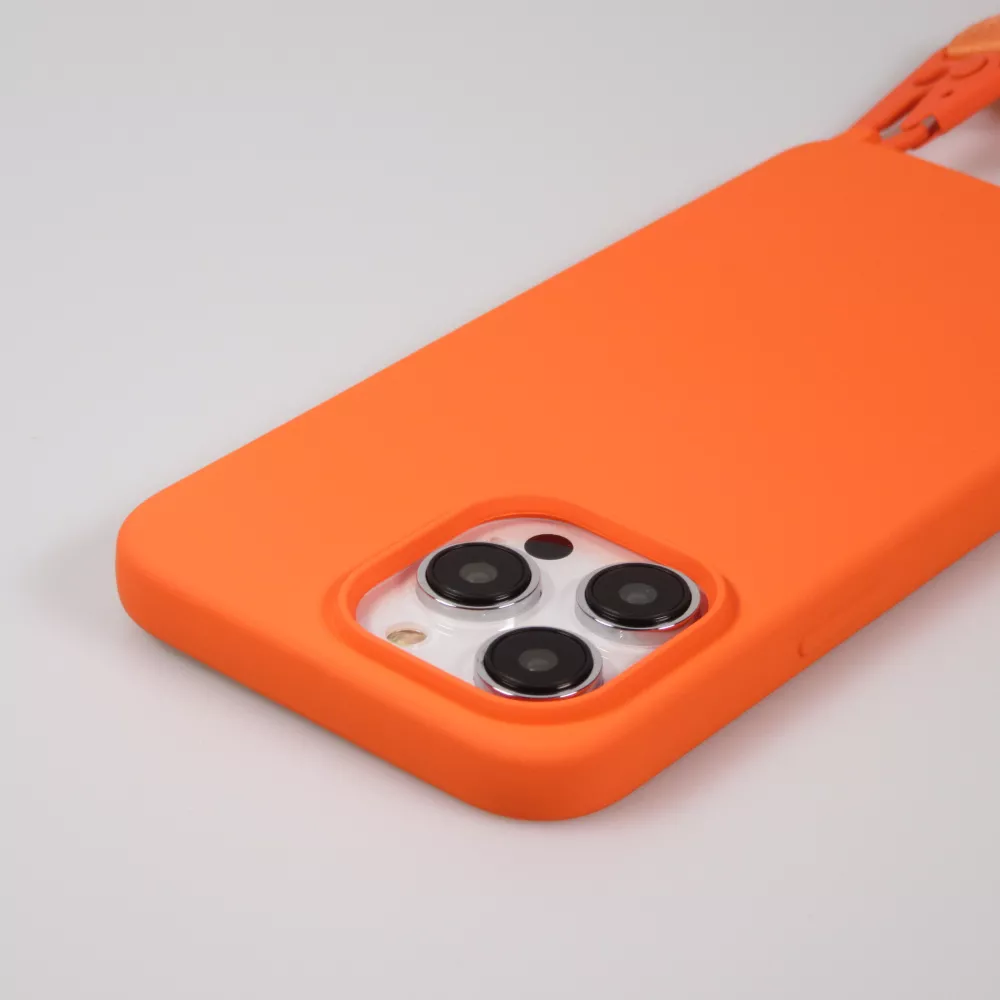 iPhone 14 Pro Case Hülle - Silikon matt mit Trageschlaufe und Metall Karabiner - Orange