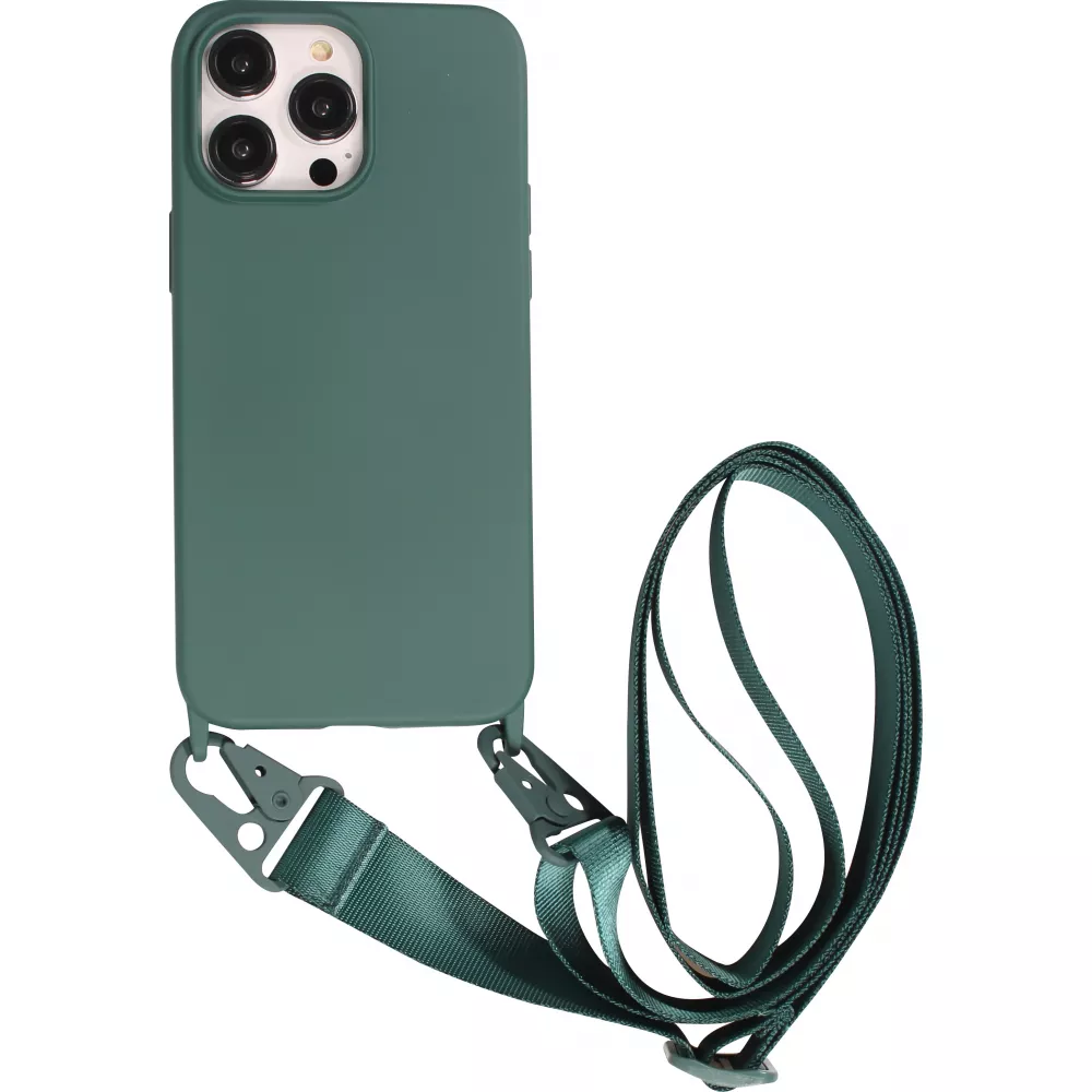 iPhone 14 Pro Max Case Hülle - Silikon matt mit Trageschlaufe und Metall Karabiner - Dunkelgrün