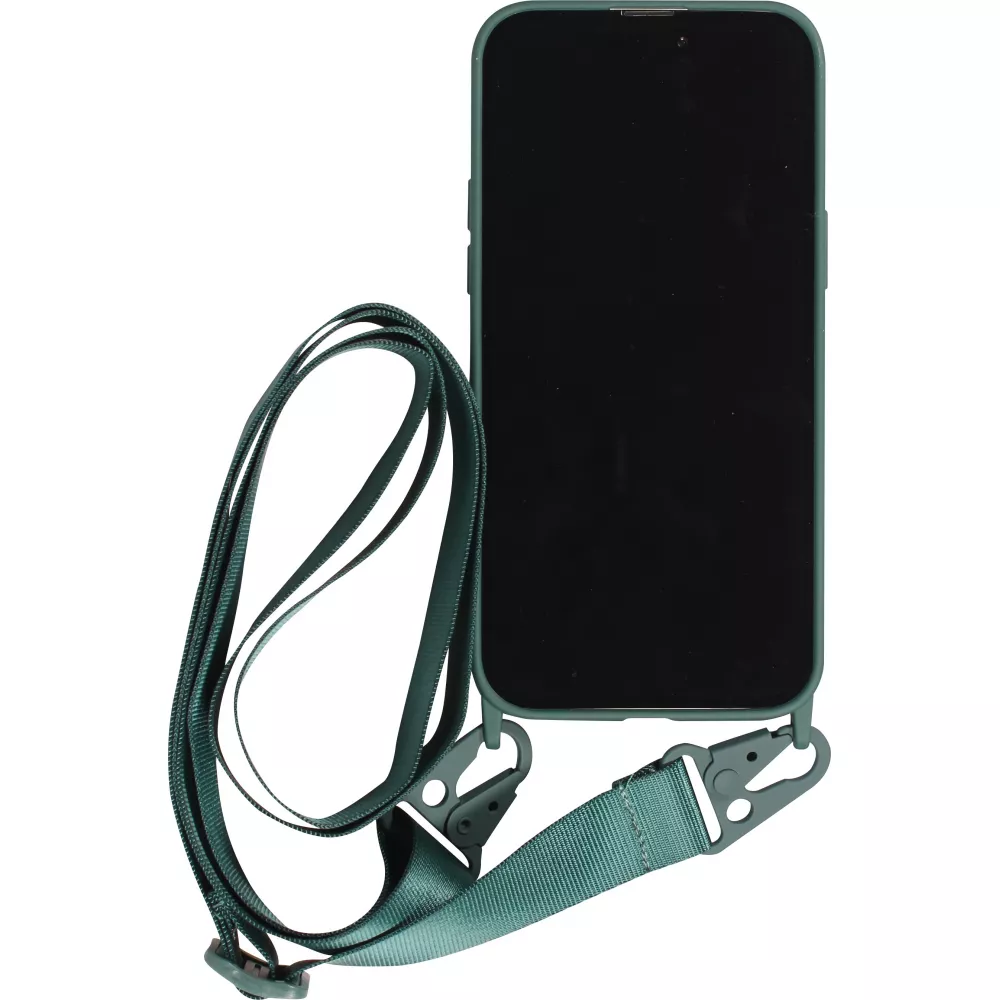 iPhone 14 Pro Max Case Hülle - Silikon matt mit Trageschlaufe und Metall Karabiner - Dunkelgrün