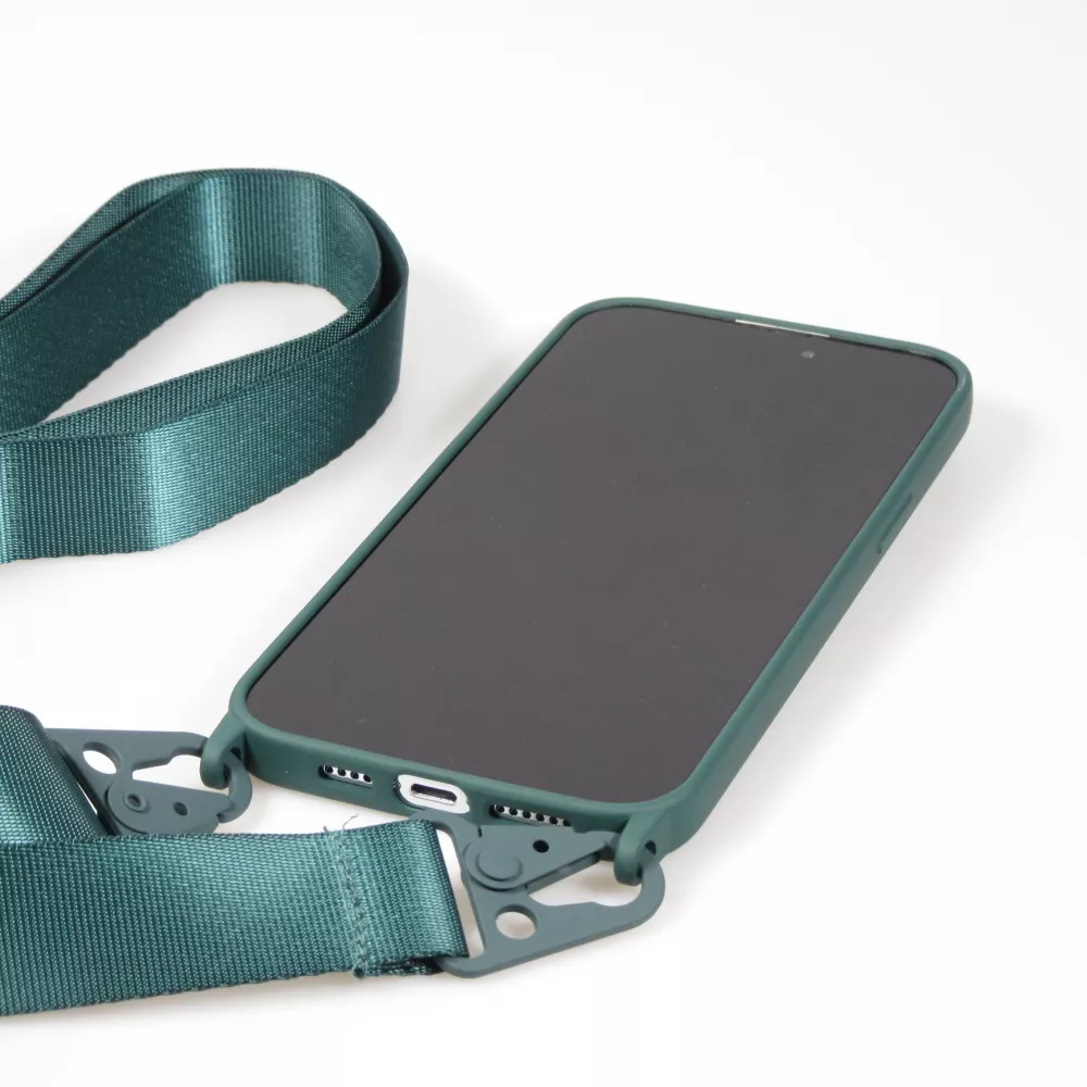 iPhone 14 Pro Max Case Hülle - Silikon matt mit Trageschlaufe und Metall Karabiner - Dunkelgrün