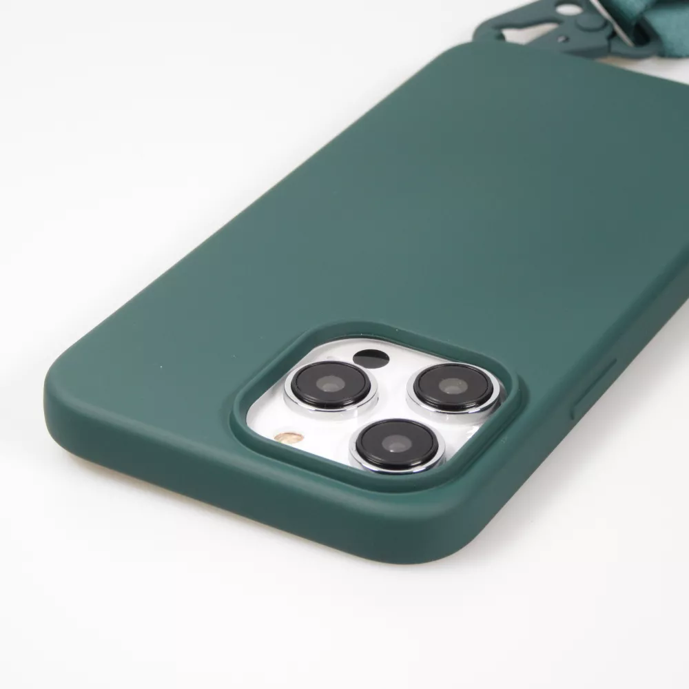 iPhone 14 Pro Max Case Hülle - Silikon matt mit Trageschlaufe und Metall Karabiner - Dunkelgrün