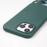 iPhone 14 Pro Max Case Hülle - Silikon matt mit Trageschlaufe und Metall Karabiner - Dunkelgrün