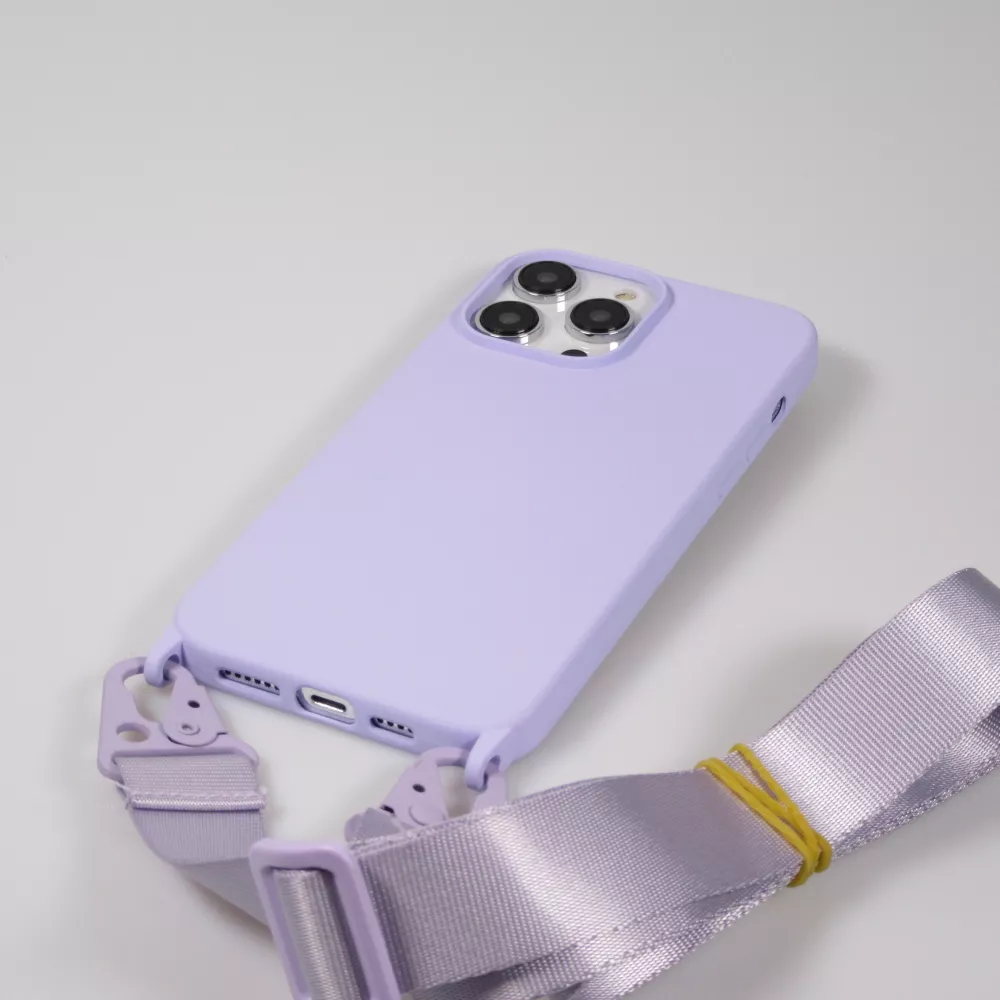 iPhone 14 Pro Case Hülle - Silikon matt mit Trageschlaufe und Metall Karabiner - Hellviolett