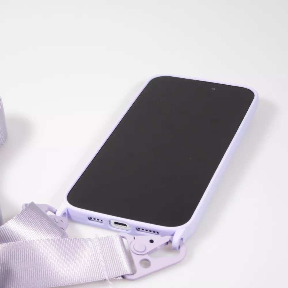 iPhone 14 Pro Case Hülle - Silikon matt mit Trageschlaufe und Metall Karabiner - Hellviolett