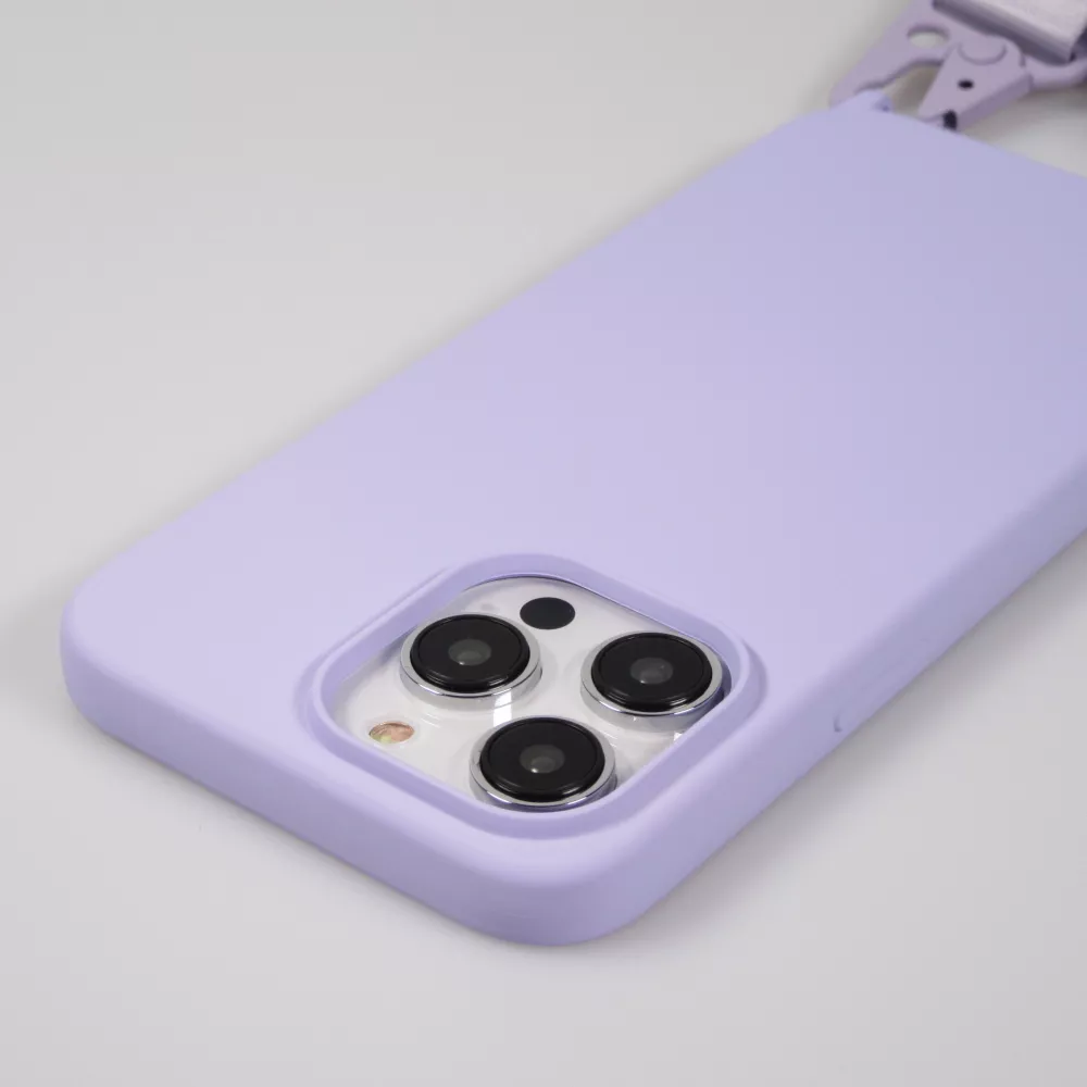 iPhone 14 Pro Case Hülle - Silikon matt mit Trageschlaufe und Metall Karabiner - Hellviolett
