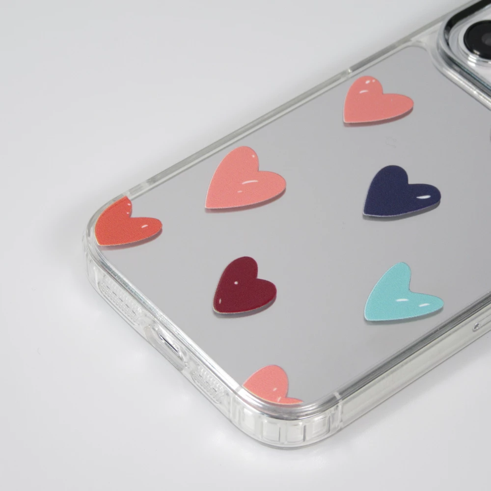Coque iPhone 15 Pro Max - Silicone transparent Many Hearts avec effet miroir