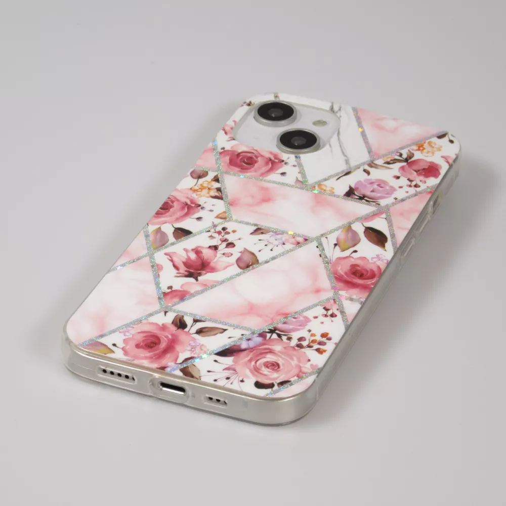 Coque iPhone 14 - Silicone Gel stripes géométriques beautiful roses - Rose