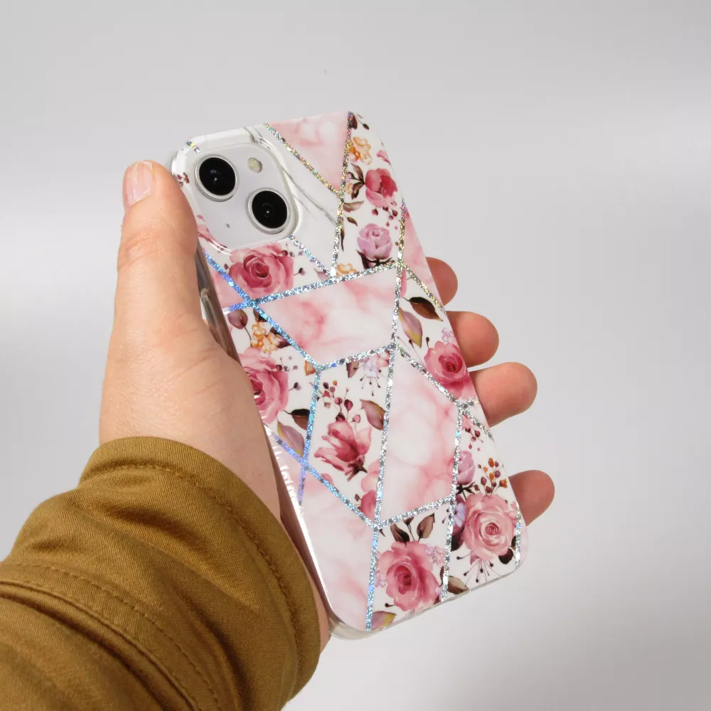 Coque iPhone 14 - Silicone Gel stripes géométriques beautiful roses - Rose