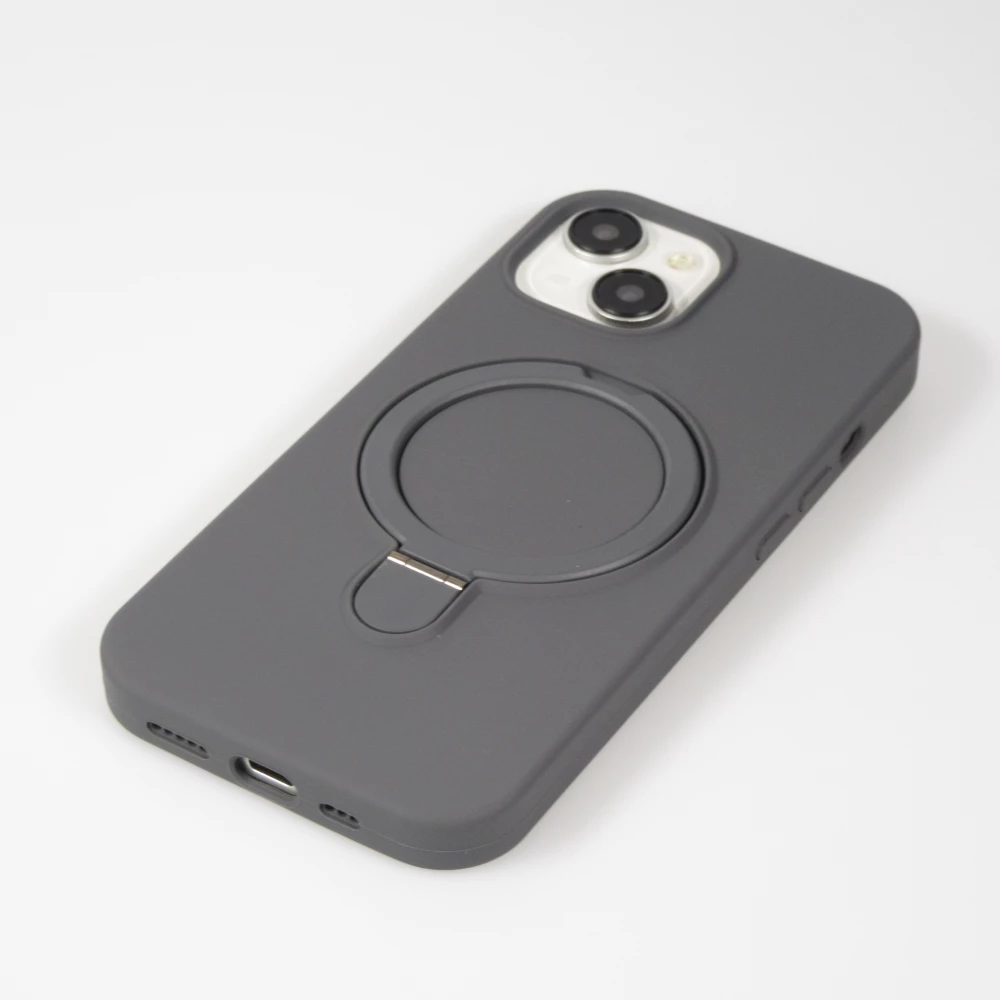 Coque iPhone 15 - Silicone mat MagSafe avec anneau de support - Gris