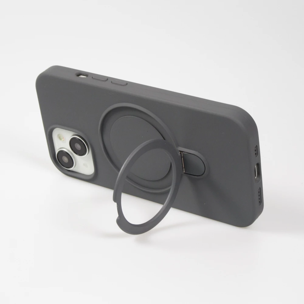 Coque iPhone 15 - Silicone mat MagSafe avec anneau de support - Gris
