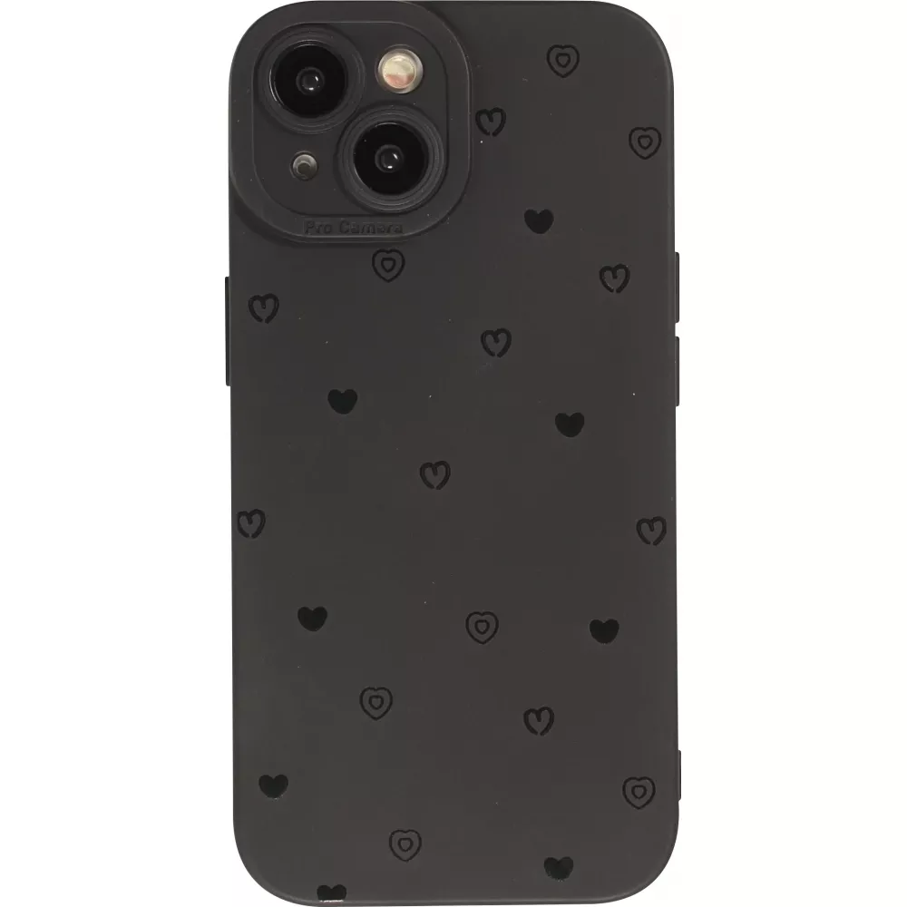 Coque iPhone 15 - Gel silicone souple avec protection caméra - Many hearts - Noir