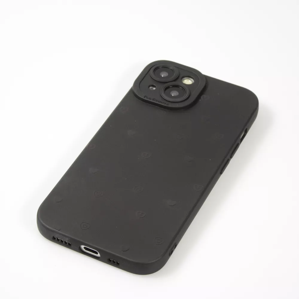Coque iPhone 15 - Gel silicone souple avec protection caméra - Many hearts - Noir