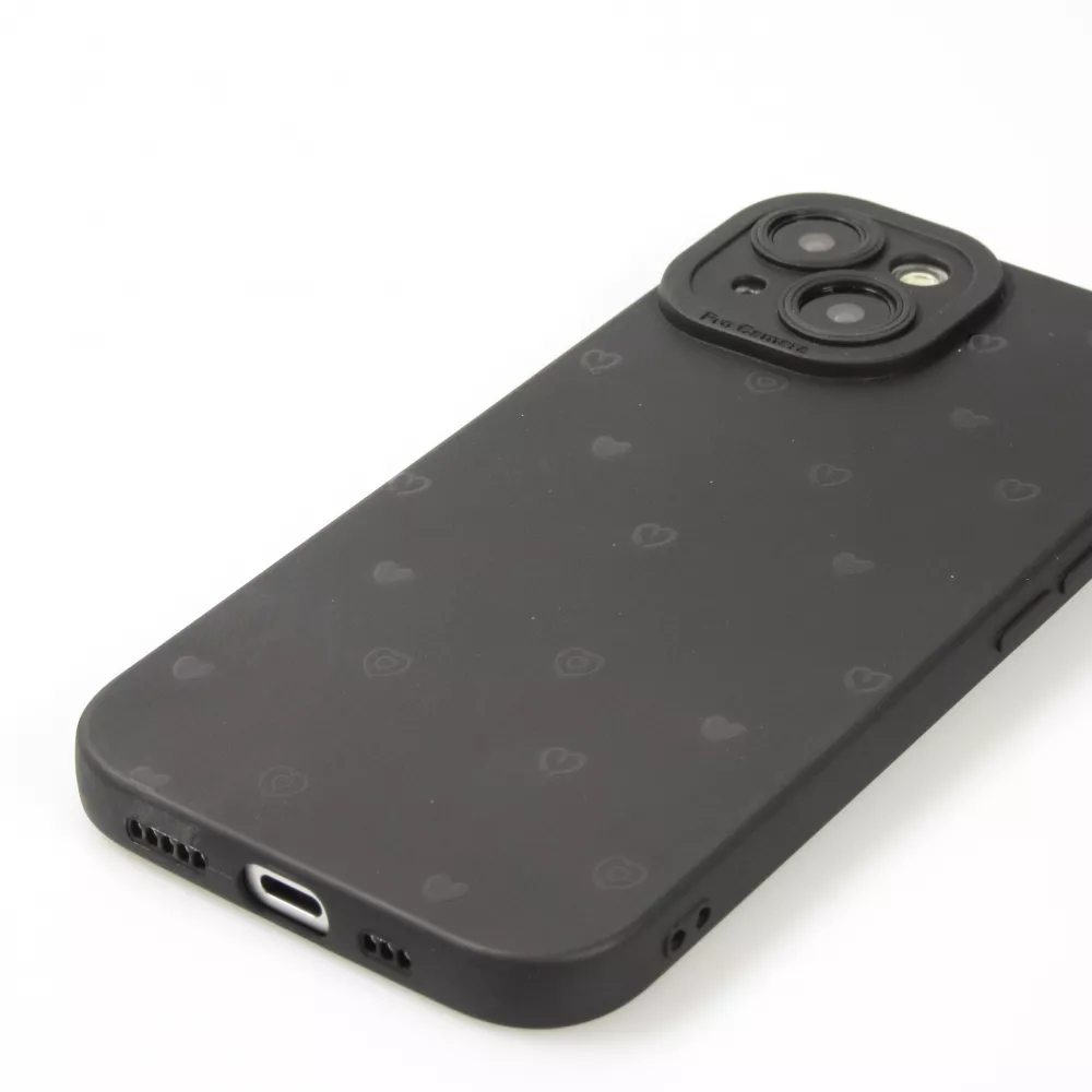 Coque iPhone 15 - Gel silicone souple avec protection caméra - Many hearts - Noir