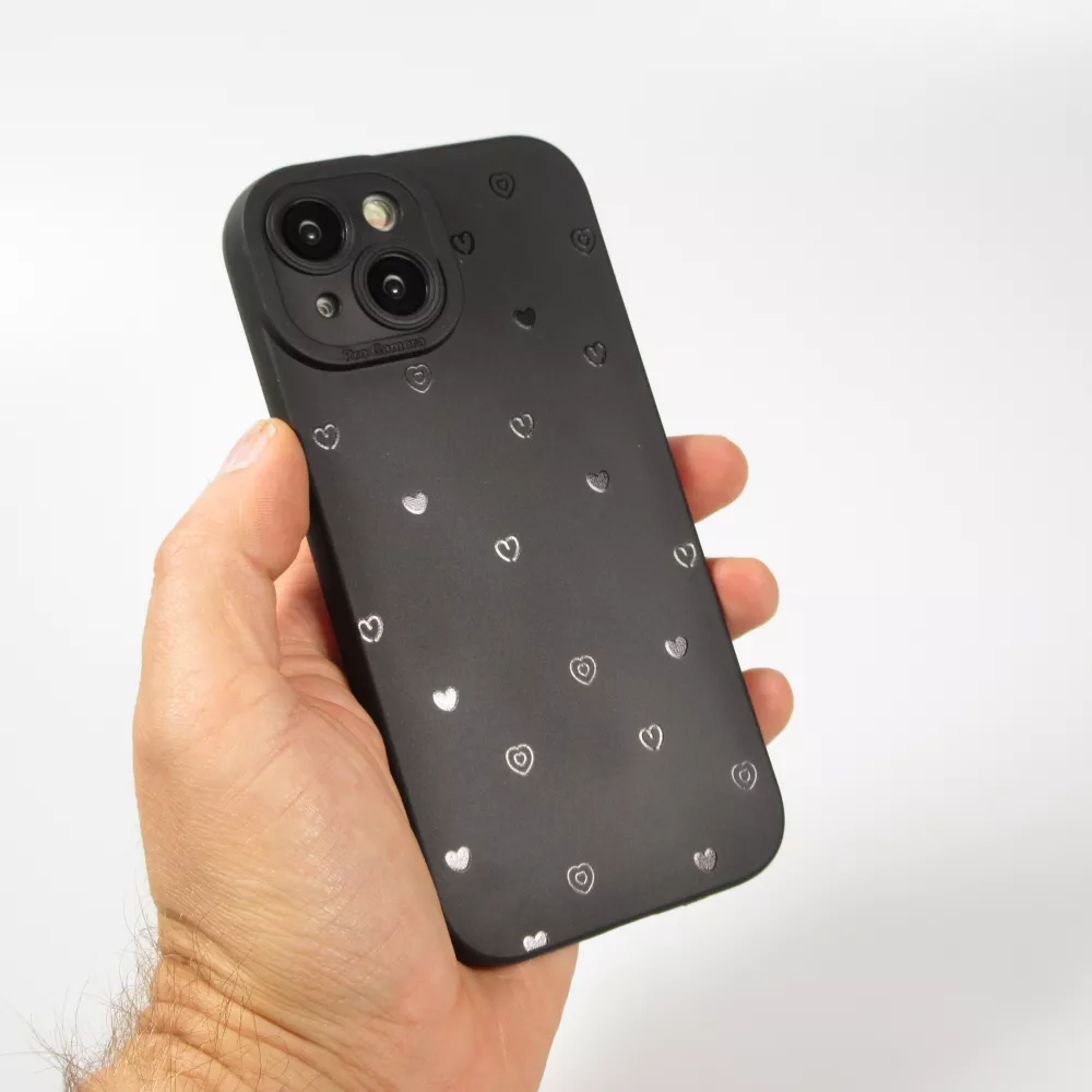 Coque iPhone 15 - Gel silicone souple avec protection caméra - Many hearts - Noir