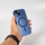 Coque iPhone 15 Plus - Gel souple avec vitre de protection caméra MagSafe - Bleu foncé