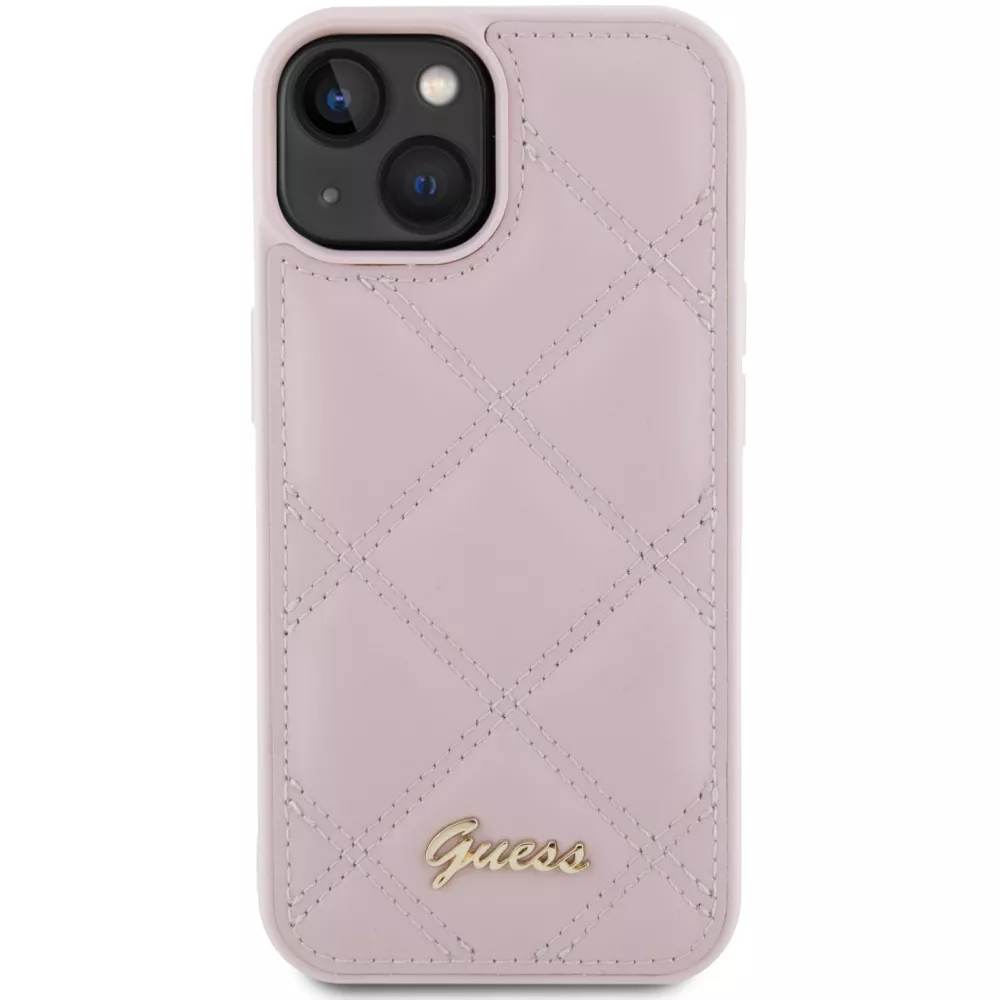 iPhone 15 Case Hülle - Guess Kunstleder-Fleece in Karomuster und goldfarbener Metallic-Logoprägung - Hellrosa