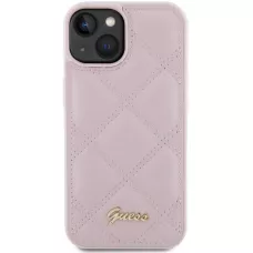 iPhone 15 Case Hülle - Guess Kunstleder-Fleece in Karomuster und goldfarbener Metallic-Logoprägung - Hellrosa