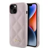 iPhone 15 Case Hülle - Guess Kunstleder-Fleece in Karomuster und goldfarbener Metallic-Logoprägung - Hellrosa