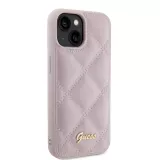 iPhone 15 Case Hülle - Guess Kunstleder-Fleece in Karomuster und goldfarbener Metallic-Logoprägung - Hellrosa