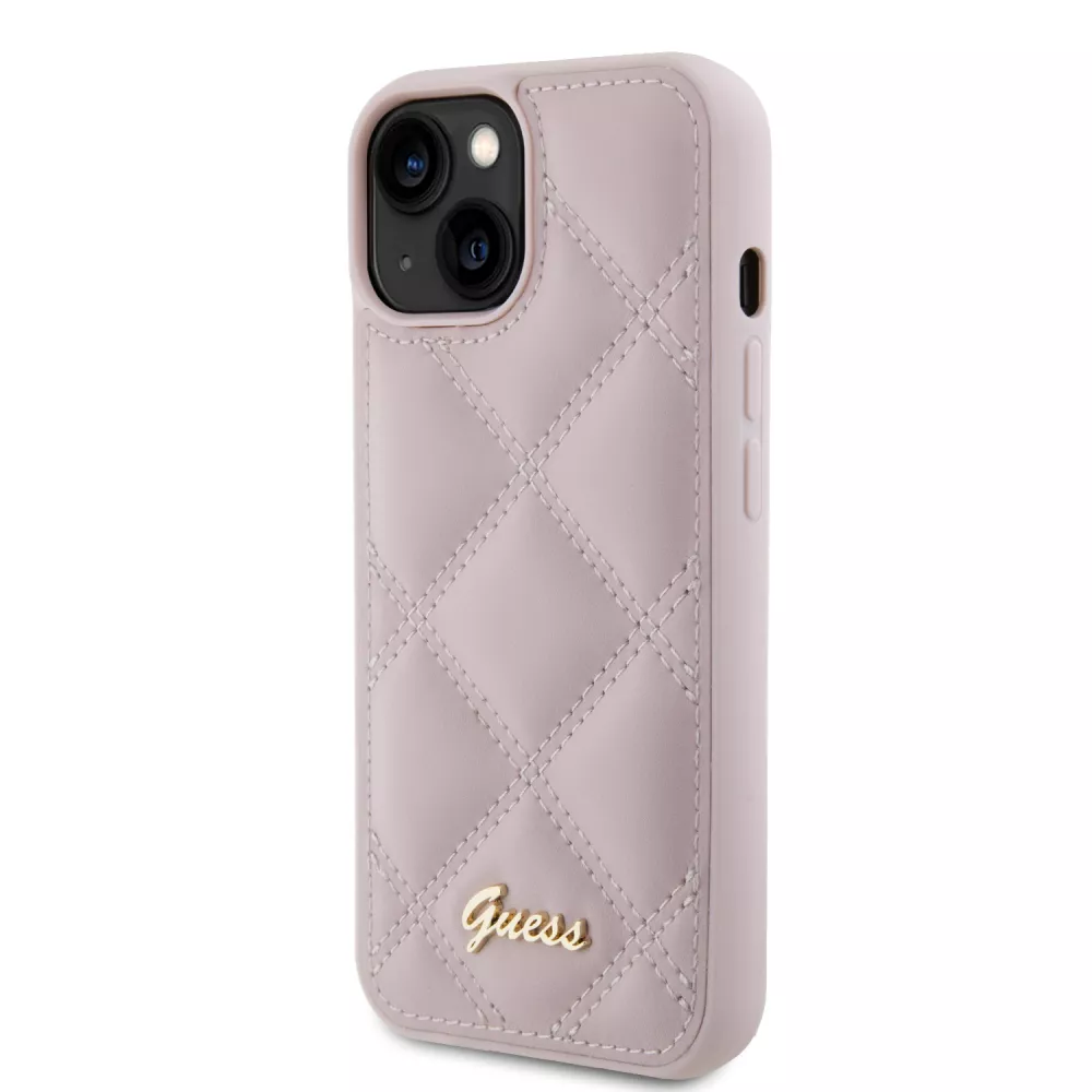 iPhone 15 Case Hülle - Guess Kunstleder-Fleece in Karomuster und goldfarbener Metallic-Logoprägung - Hellrosa