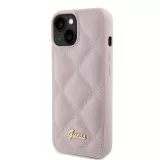 iPhone 15 Case Hülle - Guess Kunstleder-Fleece in Karomuster und goldfarbener Metallic-Logoprägung - Hellrosa