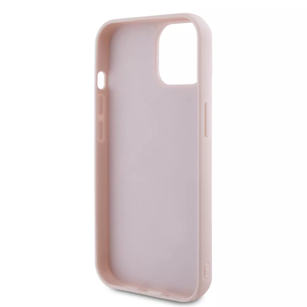 iPhone 15 Case Hülle - Guess Kunstleder-Fleece in Karomuster und goldfarbener Metallic-Logoprägung - Hellrosa