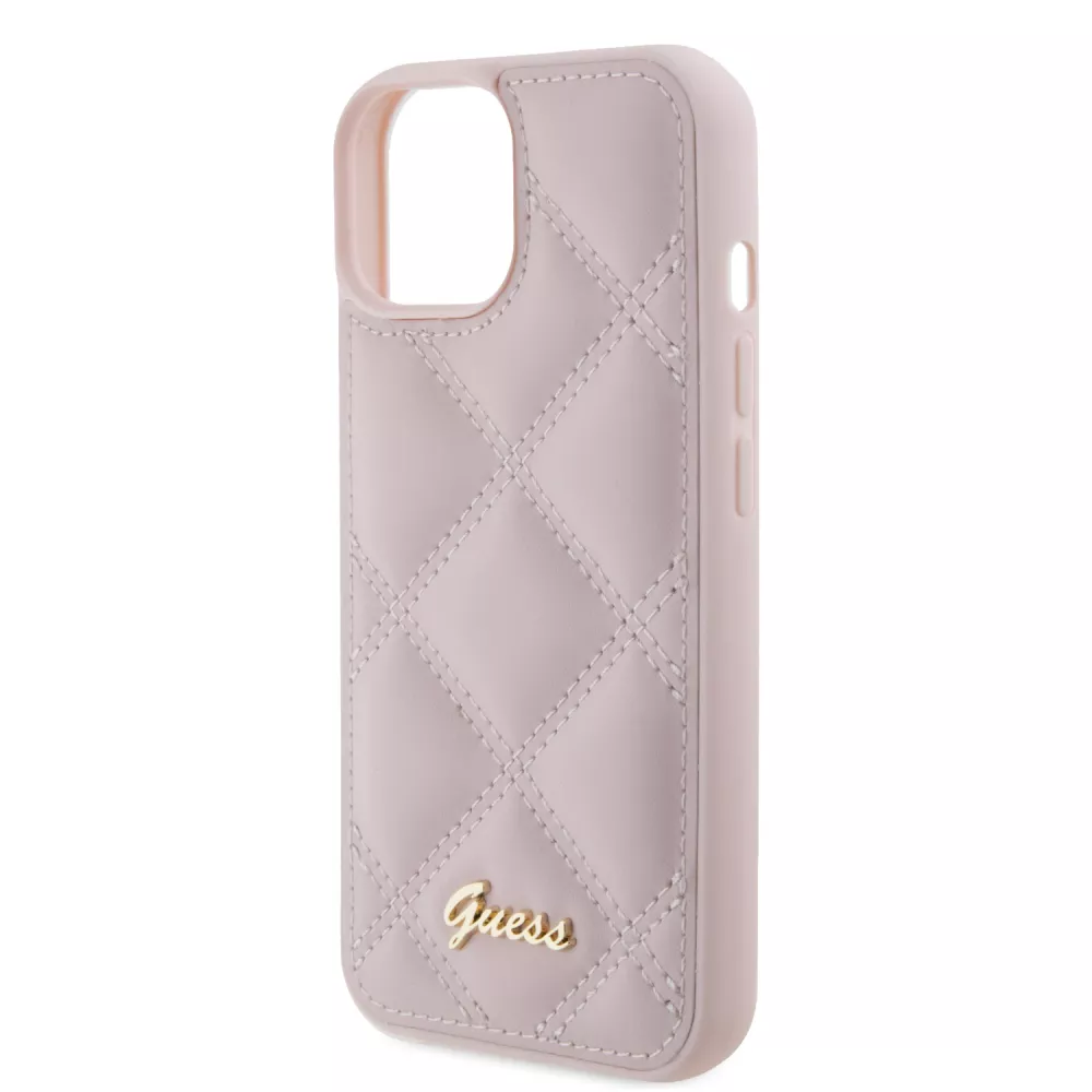 iPhone 15 Case Hülle - Guess Kunstleder-Fleece in Karomuster und goldfarbener Metallic-Logoprägung - Hellrosa